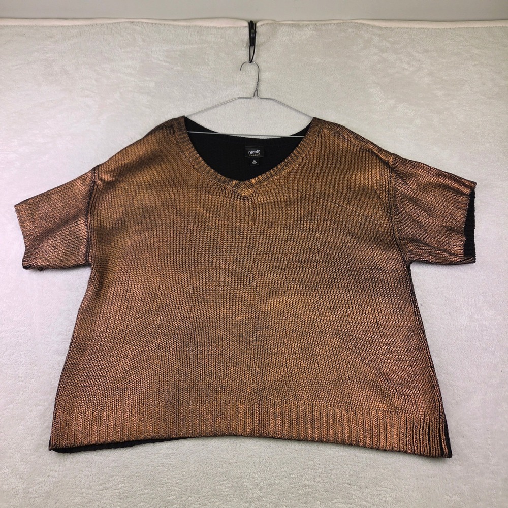 Nicole by Nicole Miller Bronze Metallic Knit V-Neck Short Sleeve Sweater XL